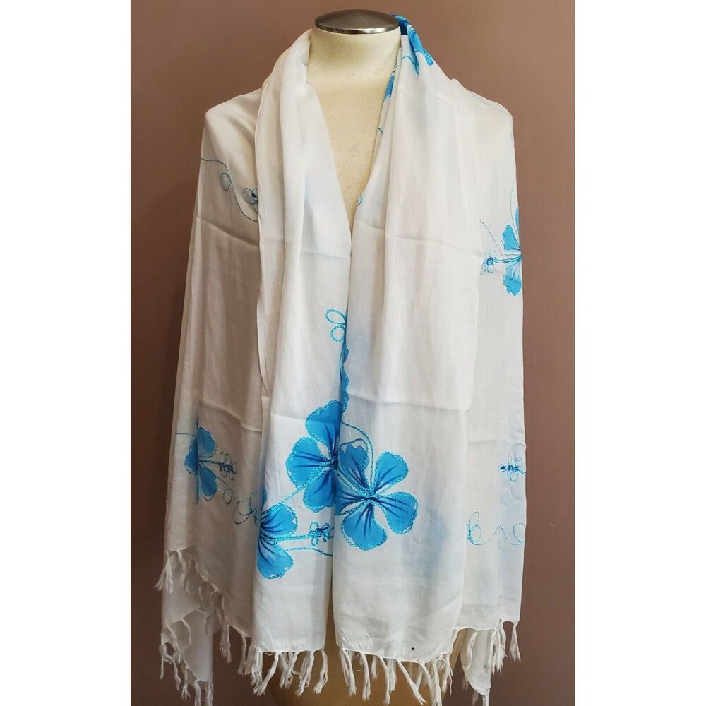 Embroidered Shawl Wrap Sarong Blue White Floral 66x44" Tropical Beach Pool Boho